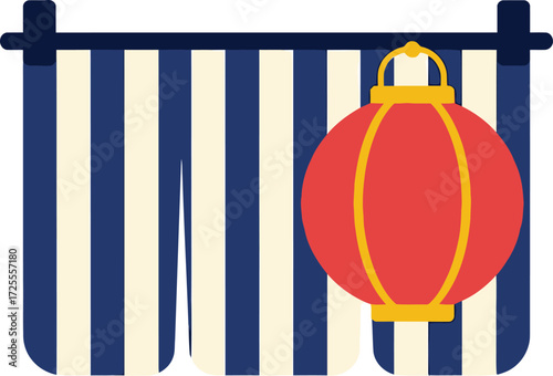 Japanese Red Lantern Hanging on a Striped Noren Curtain.