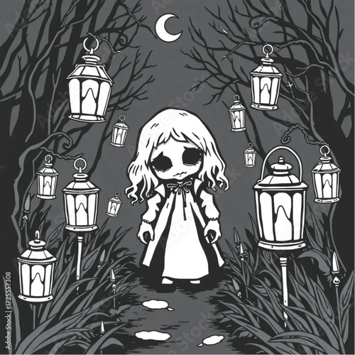 A haunted doll lurking in the shadows in a dark enchanted garden surrounded by rusty lanterns.