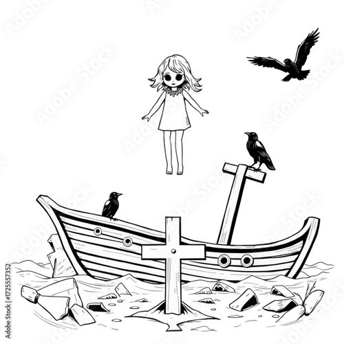 A haunted doll hovering above the ground in a haunted shipwreck surrounded by raven perched on a cross.