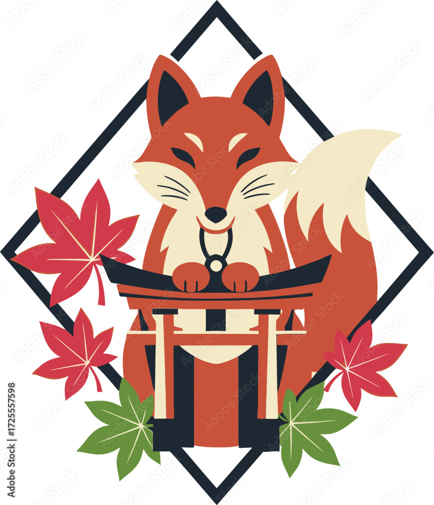 Obraz premium Japanese Fox Spirit Torii Gate Autumn Leaves Illustration.