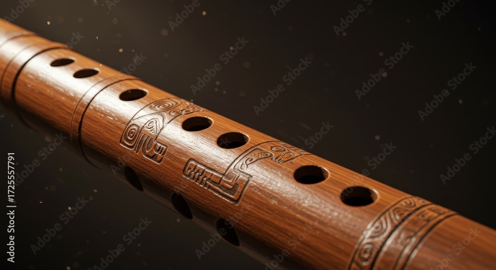Fototapeta premium Wooden flute with intricate carvings. Traditional native American instrument. Cultural music concept. Heritage month object.