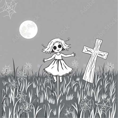 A haunted doll dancing under the moonlight in a cursed scarecrow field surrounded by spider webs.