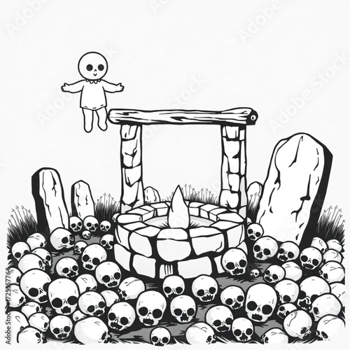 A haunted doll floating near the old well in a ancient stone circle surrounded by pile of skulls.