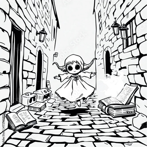 A haunted doll chasing through the mist in a cobblestone alley surrounded by ancient spellbook.