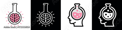 Simple flat illustration of an brain inside a head and laboratory flask