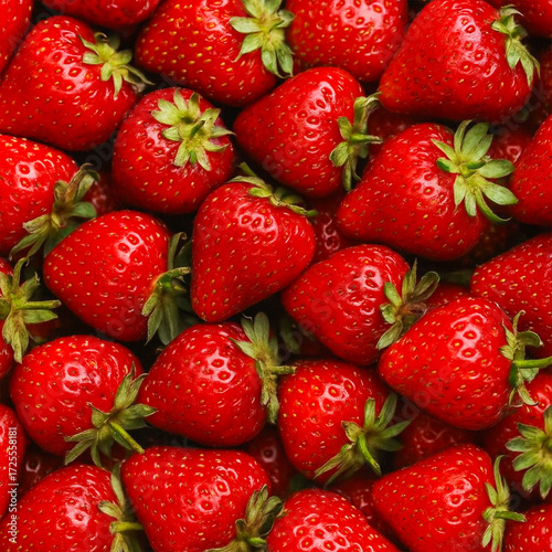 Bild auf Leinwand Close up of fresh red strawberries with green leaves, healthy organic fruit background for summer food and nutrition design
