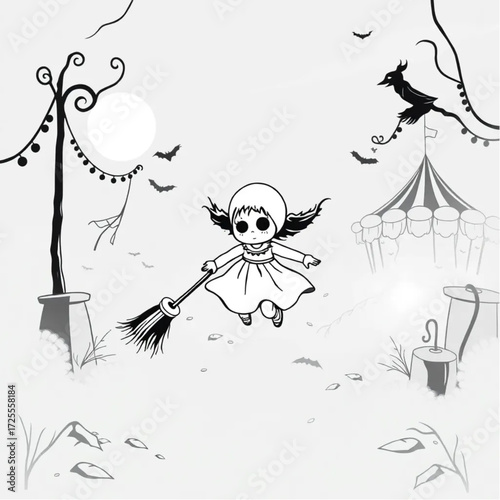 A haunted doll chasing through the mist in a abandoned carnival surrounded by enchanted broomstick.
