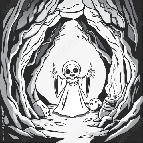 A haunted doll chanting ancient spells in a mysterious cave surrounded by twisted trees.