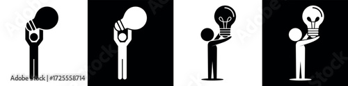Stick figure holding up an illuminated light bulb above its head