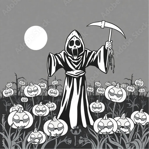 A grim reaper screaming silently in a cursed scarecrow field surrounded by glowing jack-o'-lanterns.