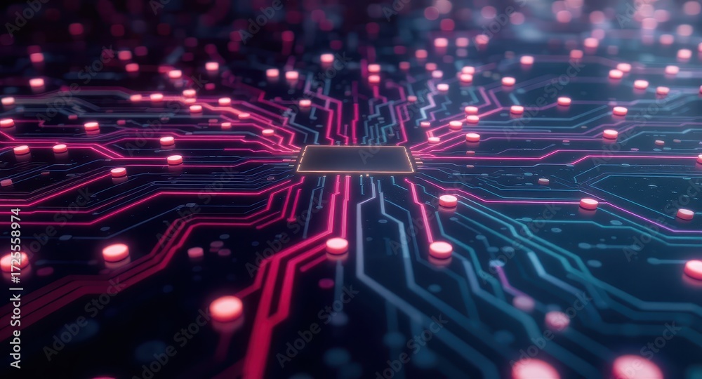 Fototapeta premium Intricate circuit board design with glowing components, showcasing a central processor chip.
