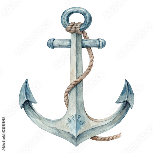 Watercolor anchor with rope detail nautical maritime isolated on a transparent background