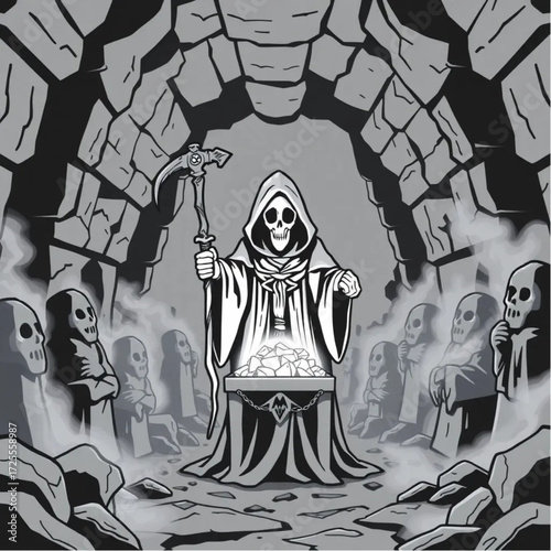 A grim reaper guarding a hidden treasure in a underground catacomb surrounded by fog-shrouded statues.