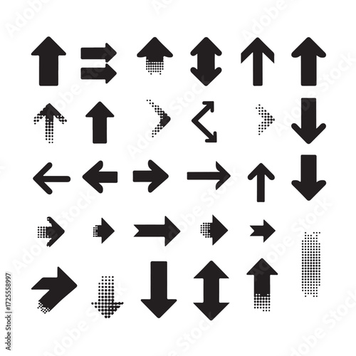 Halftone arrow icons set. Black directional symbols with dotted, curved, and straight arrows featuring fade effects. Navigation and progress signs with dot gradient borders and arrowheads.