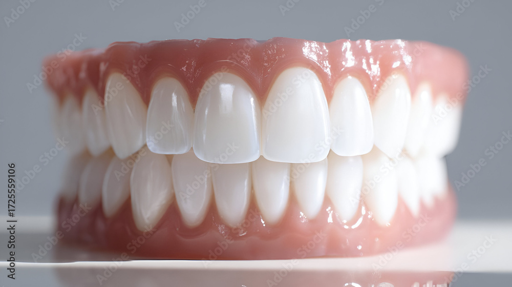 Fototapeta premium A detailed close-up of a realistic set of dentures showcasing perfect white teeth.
