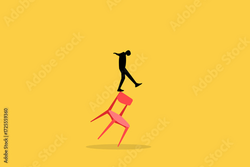 Businessman balancing himself on chair. Concept of work life balance, time management, financial planning, decision making, career success, productivity, business strategy vector illustration