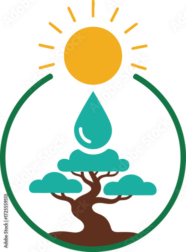 Tree Growing Under Sun and Water Drop Symbolizing Nature.