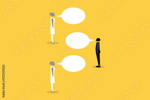 Business team discussing work in meeting with speech bubbles. concept of Discussion, conversation or brainstorming for idea, meeting, debate or team communication, colleague chatting, opinion