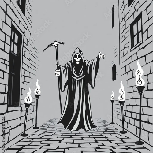 A grim reaper emerging from the fog in a cobblestone alley surrounded by flickering torches.