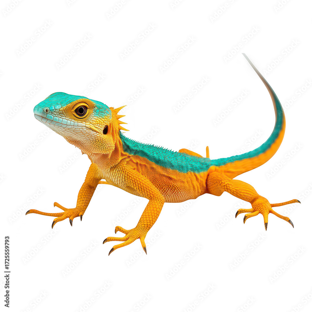 Naklejka premium A vibrant. orange and turquoise lizard posed on a white background. its colorful skin and unique features. ideal for nature enthusiasts or educational content