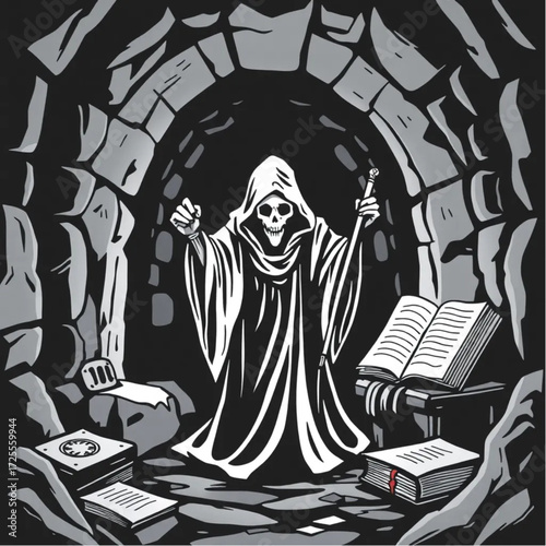 A grim reaper creeping through the darkness in a ancient crypt surrounded by ancient spellbook.