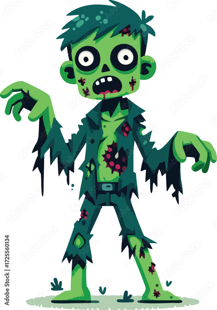 Fototapeta premium Zombie character with green skin and torn clothes