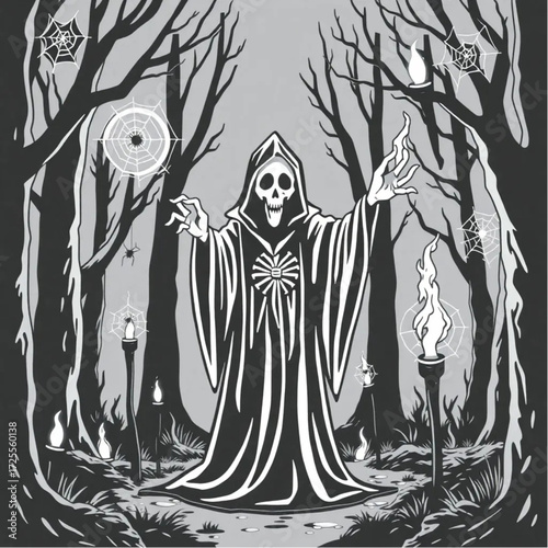 A grim reaper chanting ancient spells in a creepy forest surrounded by spider webs.
