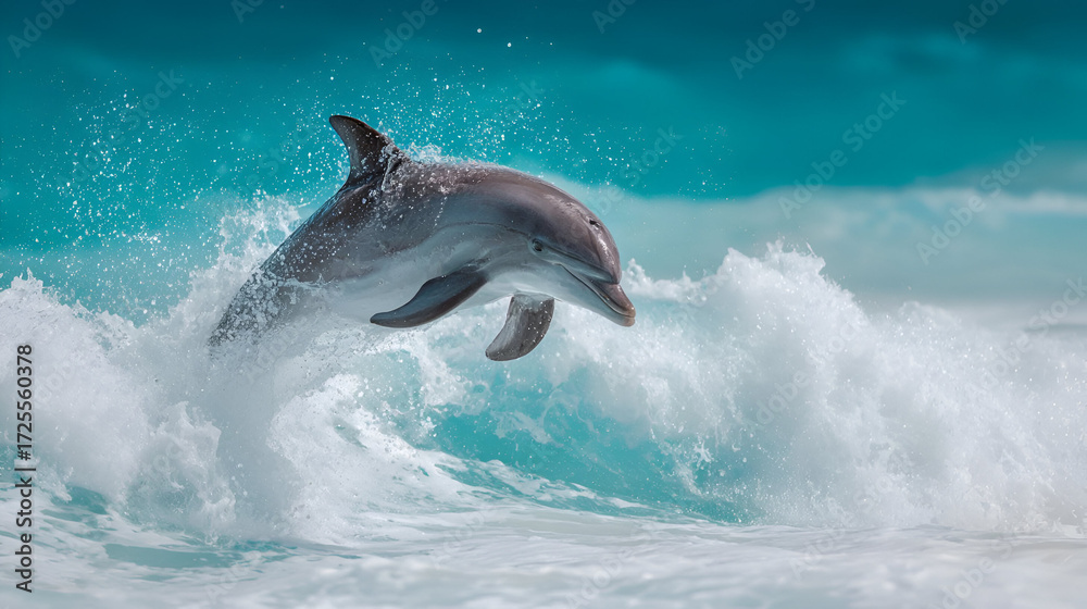 Fototapeta premium A dolphin leaps gracefully from the ocean waves under a bright blue sky.