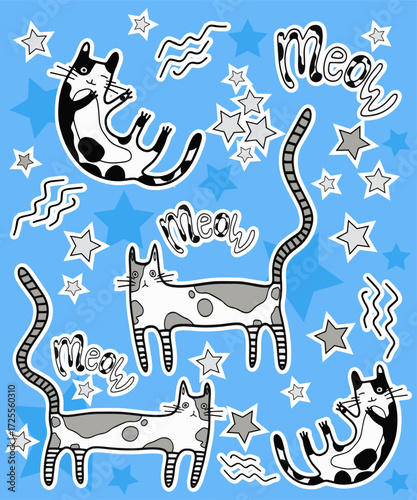 A set of stickers with cute cats and stars with inscriptions on a colored blue background. Vector.
