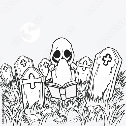 A ghoul watching from behind the tombstones in a cursed scarecrow field surrounded by ancient spellbook.