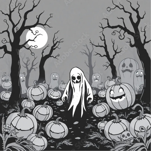 A ghoul creeping through the darkness in a twisted pumpkin forest surrounded by fog-shrouded statues.