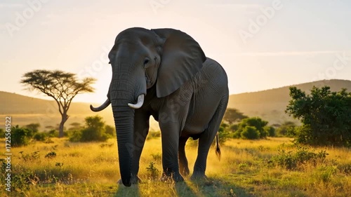 Majestic large mammal standing in savannah landscape during golden hour light