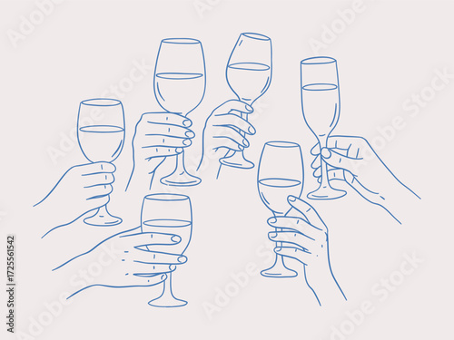 Vector set of one line hands holding wine and champagne glasses for toast. Minimalist celebration illustration for party, wedding, or festive design.