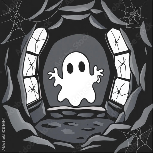 A ghost staring through cracked windows in a mysterious cave surrounded by spider webs.