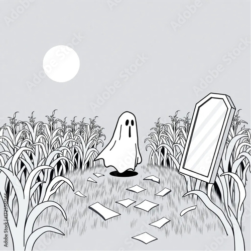 A ghost wandering aimlessly in a eerie cornfield surrounded by broken mirror.