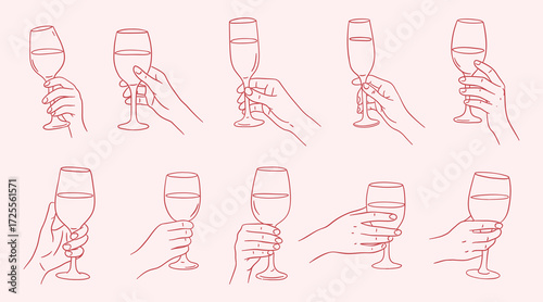 Vector set of one line illustrations of hands holding wine and champagne glasses. Minimalist style for party, wedding, and celebration design.