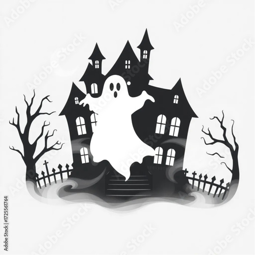 A ghost hovering above the ground in a haunted mansion surrounded by swirling mist.