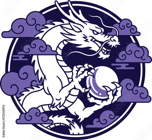 Mythical Asian Dragon Holding a Crystal Orb Illustration.