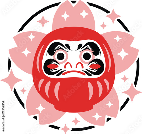 Japanese Daruma Doll Focus on Symbolism Cherry Blossom Background.