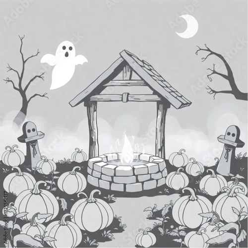 A ghost floating near the old well in a pumpkin patch surrounded by fog-shrouded statues.