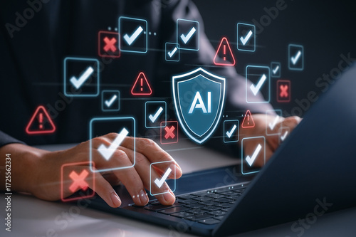AI risk management and ethics safety concept with checklist and alert icons floating over laptop as professional ensures responsible artificial intelligence system through compliance and validation