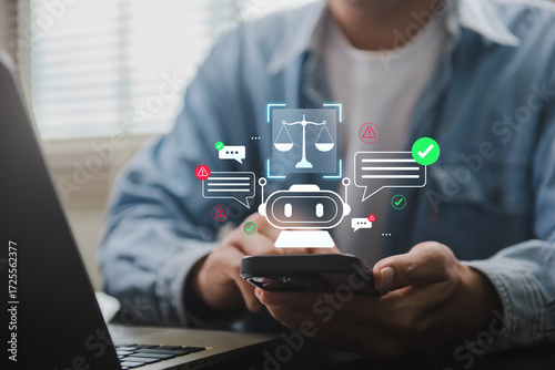 AI chatbot content moderation and ethical communication. man using smartphone with ai chatbot and digital ethics for legal balance and responsible conversation in artificial intelligence communication