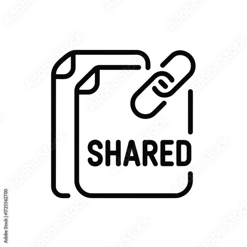 Shared file document icon with chain symbolizing connection in black and white design