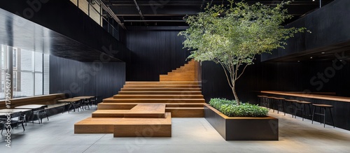 Modern interior with a tree, tiered seating, stairs, and dark walls. Natural light floods the space