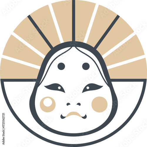 Japanese Noh Mask Depiction in a Circular Design.