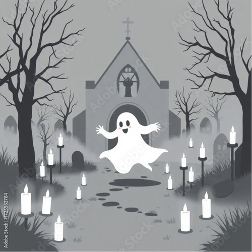 A ghost chasing through the mist in a gloomy churchyard surrounded by floating candles.