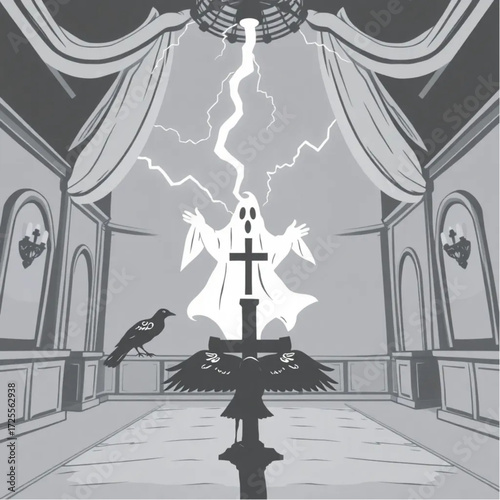 A ghost appearing in a sudden flash of lightning in a phantom-filled ballroom surrounded by raven perched on a cross.
