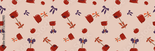 Seamless pattern of whimsical candy apples with spooky designs like spiders, bows, and stitches on a light pink background. Ideal for seasonal digital paper or fabric.