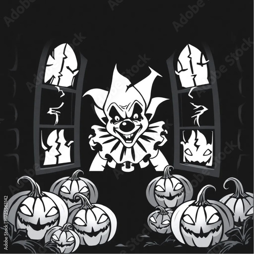 A evil clown staring through cracked windows in a dark castle surrounded by cursed pumpkins.