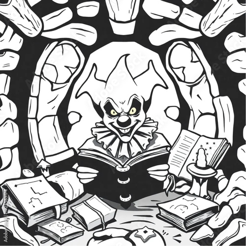 A evil clown staring through cracked windows in a haunted shipwreck surrounded by ancient spellbook.